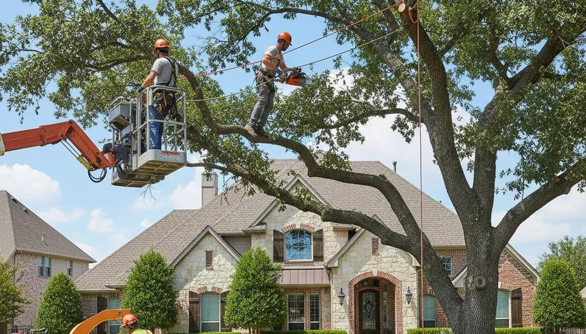 Fort Worth, TX tree service crew trimming trees for a residential property